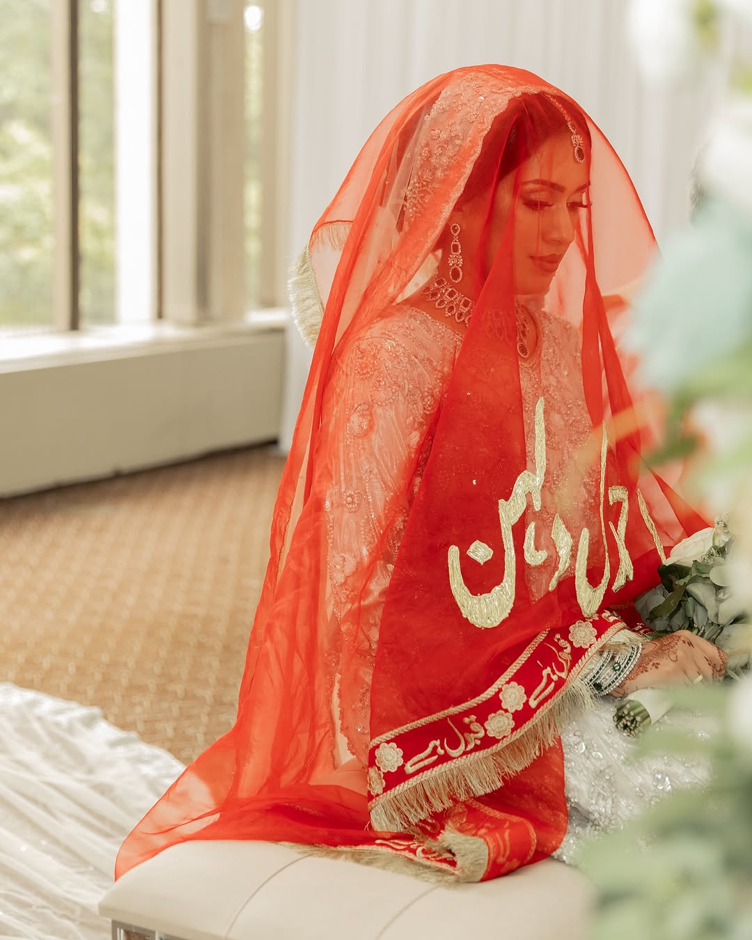 Red Qubool Hai Nikkah Dupatta USA with gold calligraphy and traditional embroidered border for Pakistani and Muslim brides.