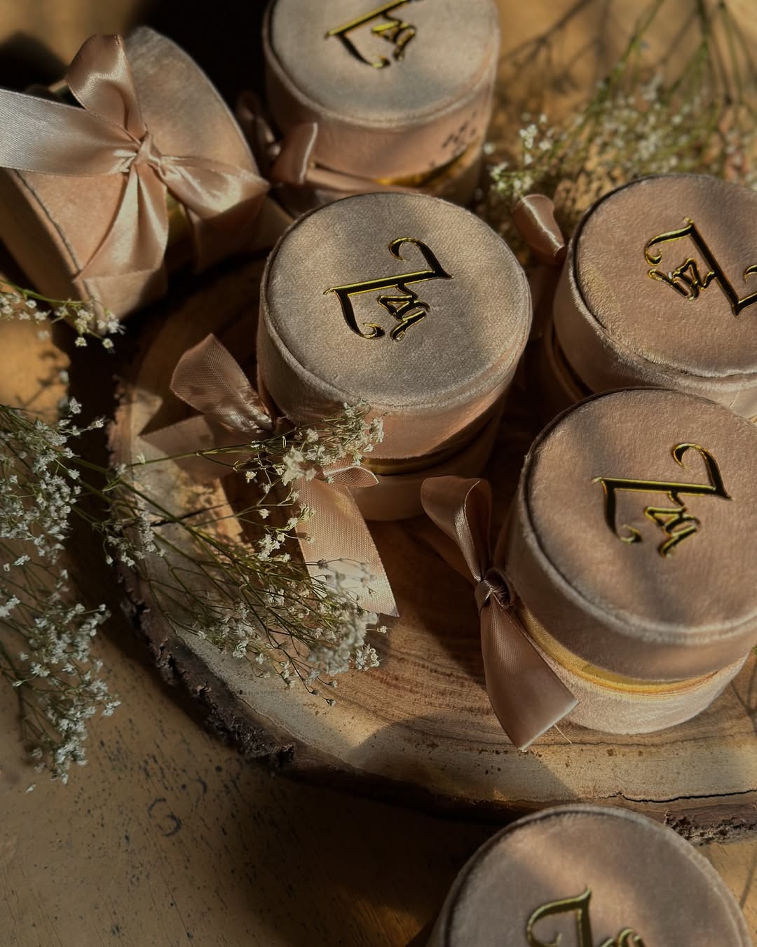 Personalized Velvet Nikkah Favor Boxes – Round Pakistani Wedding Gift Boxes USA with Gold Initials - Image 2