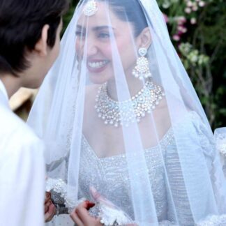 White Bridal Nikkah Dupatta USA with sheer flowing fabric and embroidered border for Pakistani and Muslim wedding celebrations.