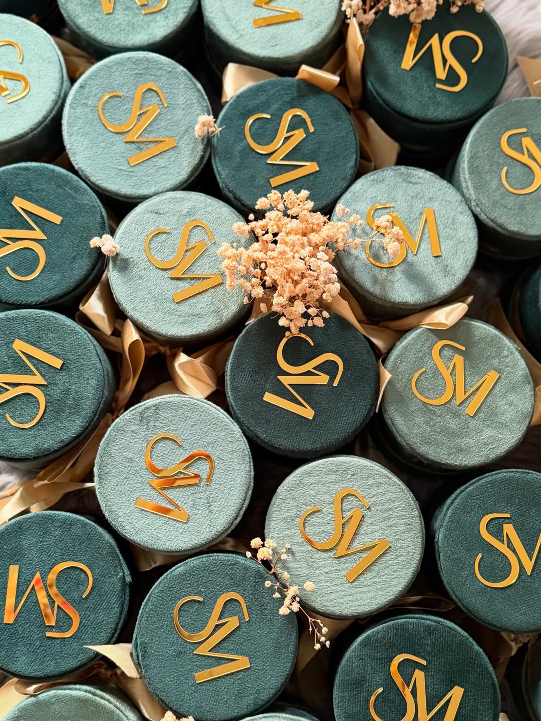 Emerald Green Velvet Nikkah Favor Boxes – Personalized Pakistani Wedding Gift Boxes USA with Gold Initials & Satin Bow - Image 5