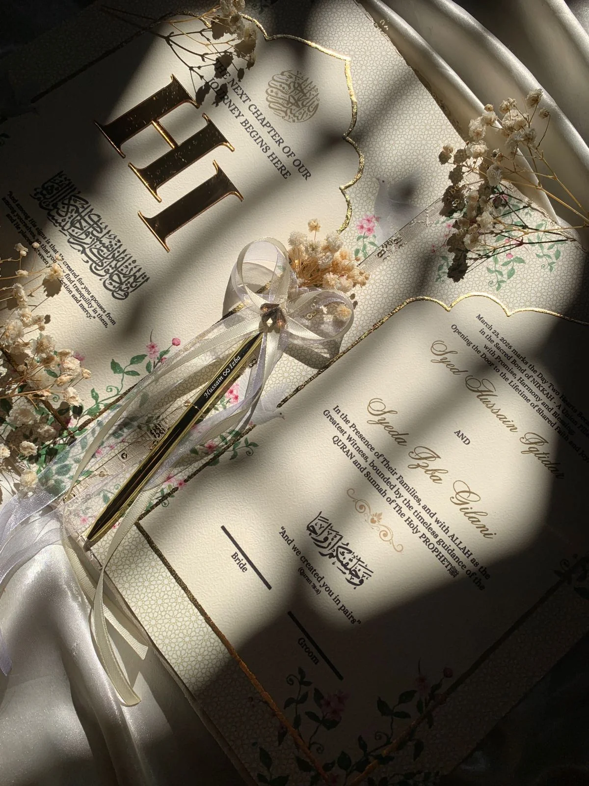 Personalized Ivory Embroidered Nikkah Nama Folder – Luxury Pakistani Wedding Certificate Holder with Gold Monogram & Ornamental Details - Image 3