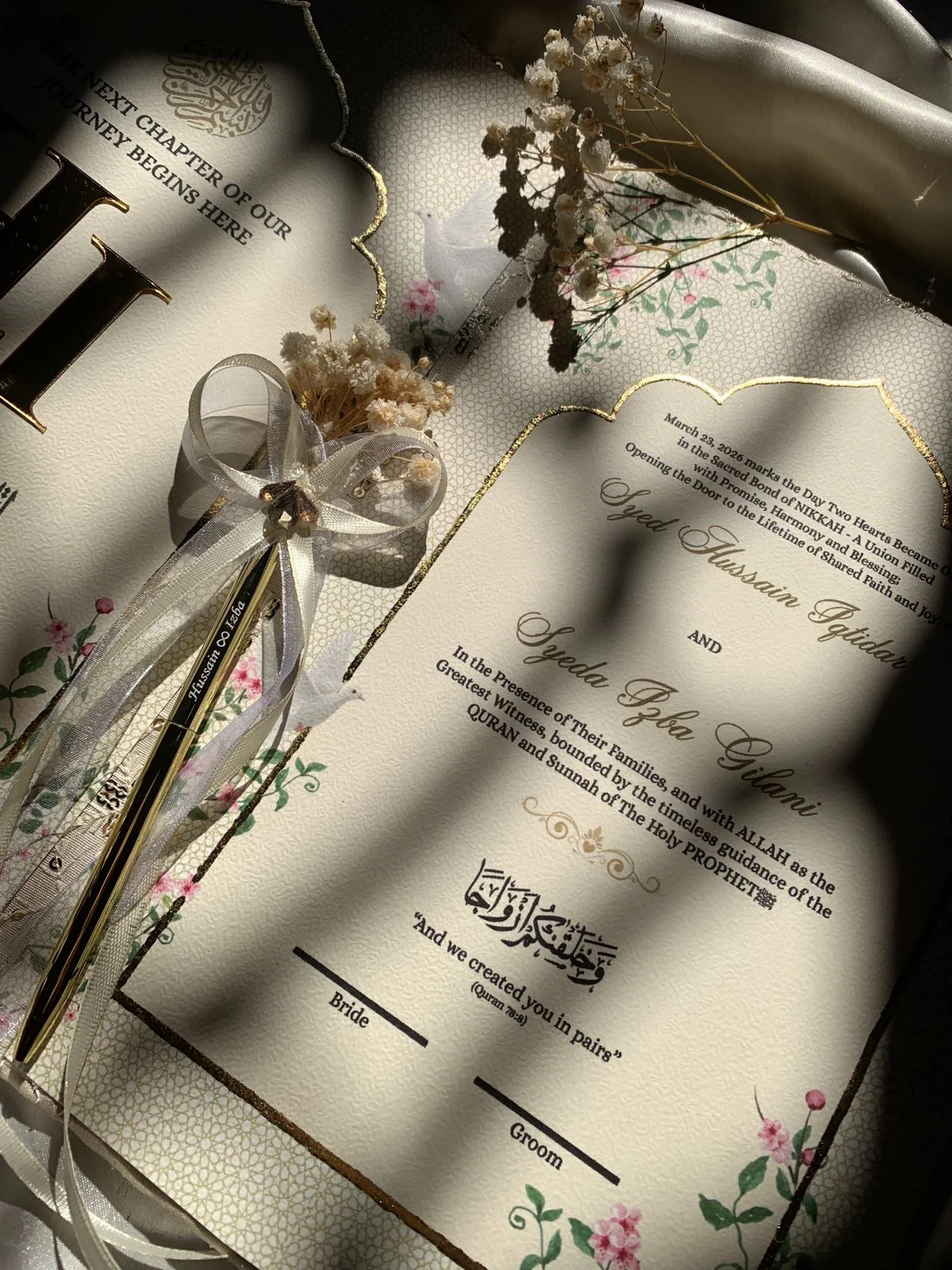 Personalized Ivory Embroidered Nikkah Nama Folder – Luxury Pakistani Wedding Certificate Holder with Gold Monogram & Ornamental Details - Image 4