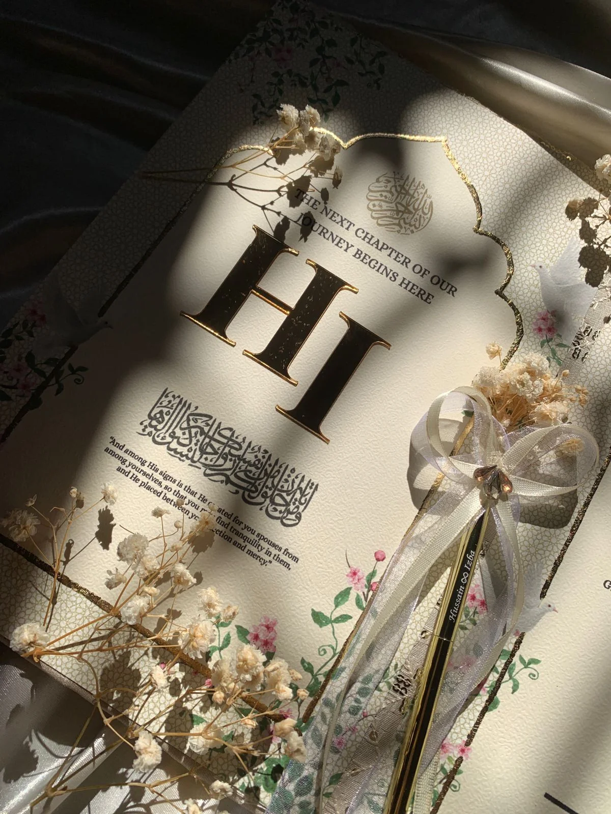 Personalized Ivory Embroidered Nikkah Nama Folder – Luxury Pakistani Wedding Certificate Holder with Gold Monogram & Ornamental Details - Image 2