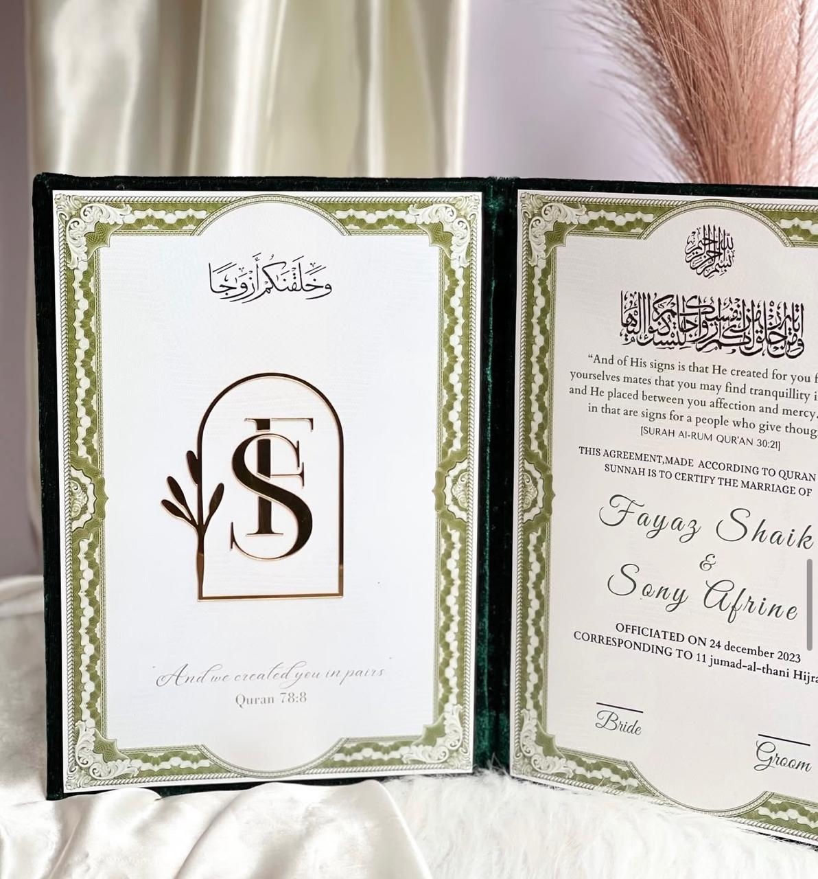 Personalized Emerald Green Velvet Nikkah Nama Folder – Luxury Custom Muslim Marriage Certificate Holder with Gold Names, Wedding Date & Elegant Pakistani Wedding Design - Image 4