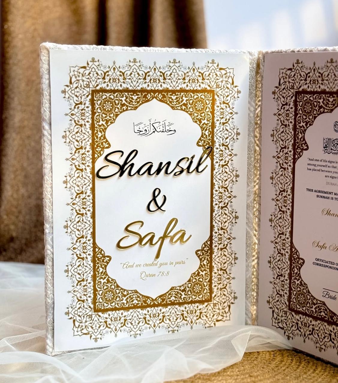 Personalized emerald green velvet Nikkah Nama folder featuring elegant gold couple's names, ornate gold corner embellishments, and a custom wedding date plaque for Pakistani and Muslim wedding ceremonies in the USA.