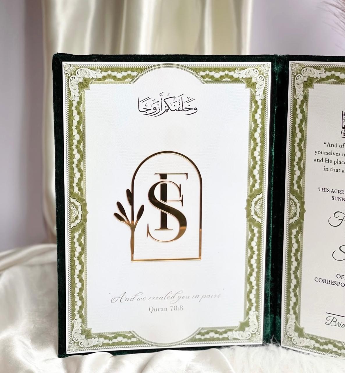 Personalized Emerald Green Velvet Nikkah Nama Folder – Luxury Custom Muslim Marriage Certificate Holder with Gold Names, Wedding Date & Elegant Pakistani Wedding Design - Image 3