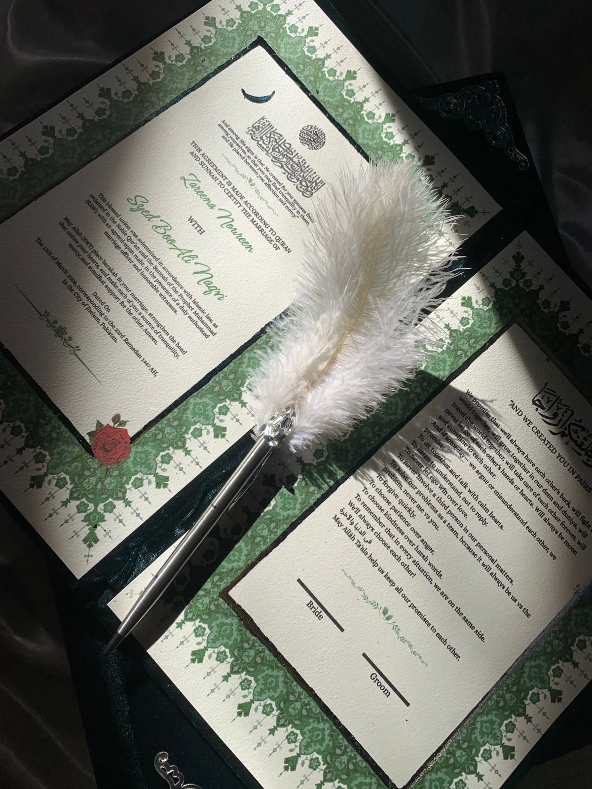 Personalized Emerald Green Velvet Nikkah Nama Folder – Luxury Crystal Floral Pakistani Muslim Wedding Certificate Holder with Silver Names & Monogram - Image 5