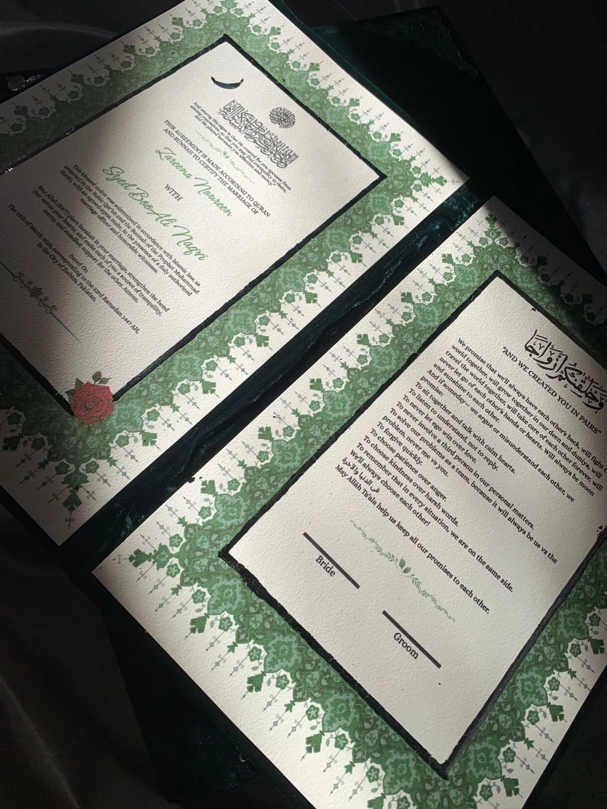 Personalized Emerald Green Velvet Nikkah Nama Folder – Luxury Crystal Floral Pakistani Muslim Wedding Certificate Holder with Silver Names & Monogram - Image 6