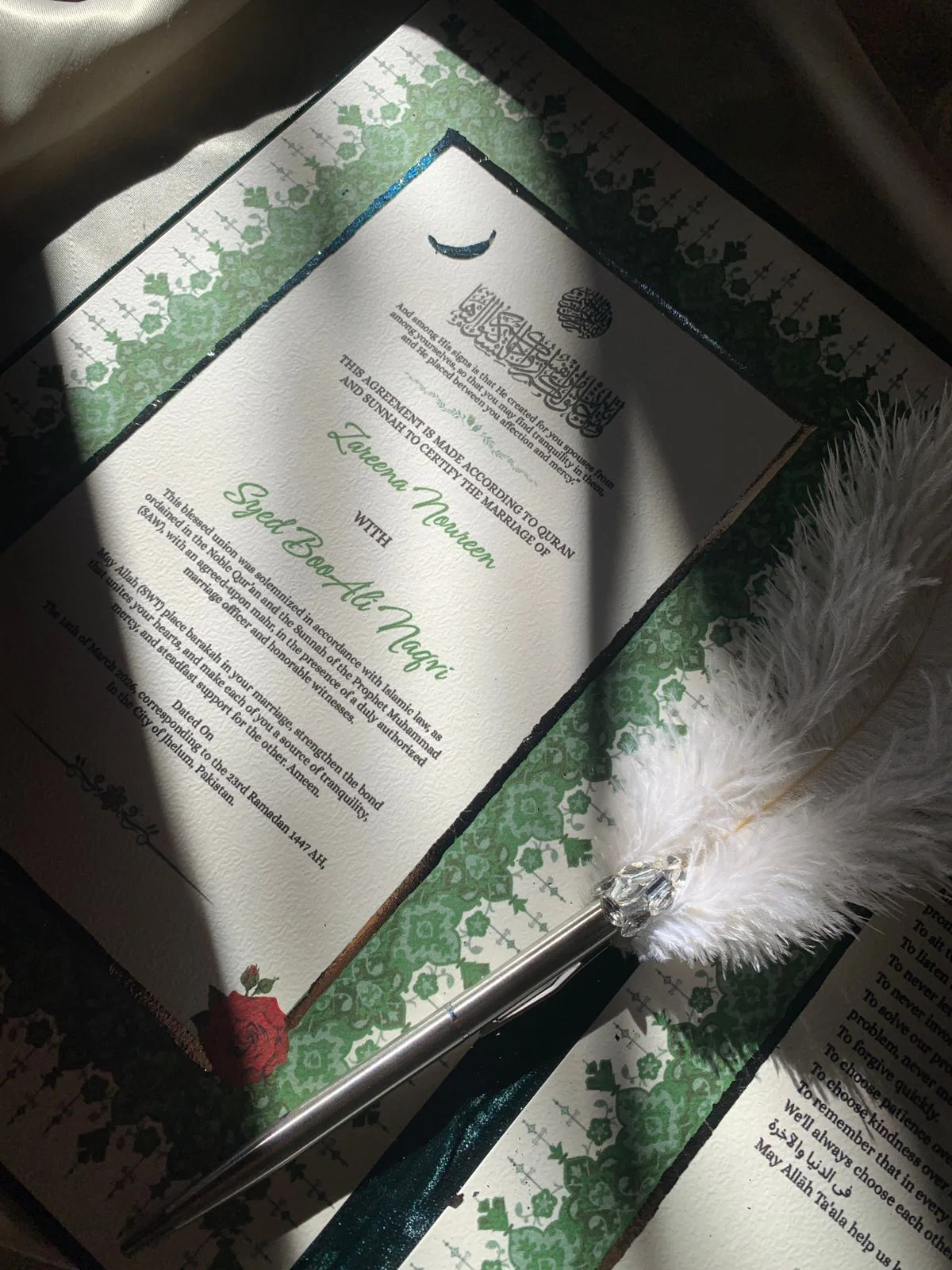 Personalized Emerald Green Velvet Nikkah Nama Folder – Luxury Crystal Floral Pakistani Muslim Wedding Certificate Holder with Silver Names & Monogram - Image 7