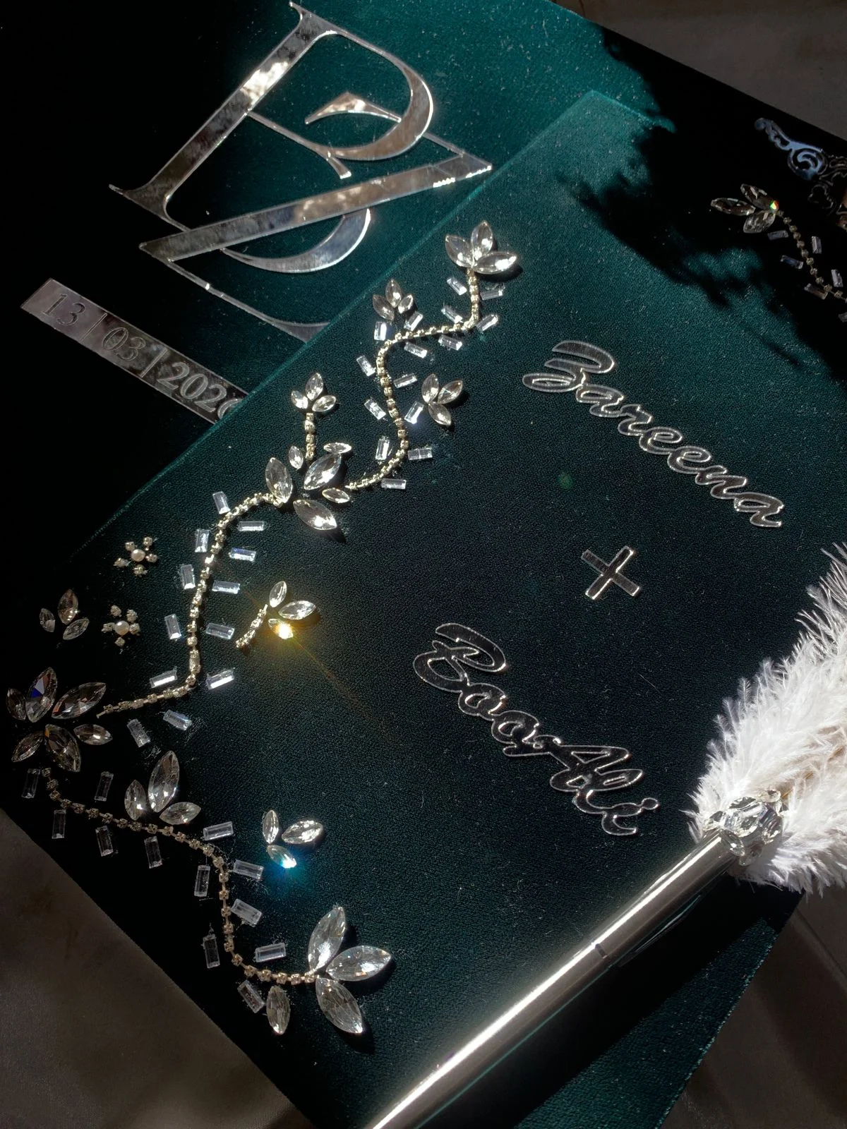 Personalized Emerald Green Velvet Nikkah Nama Folder – Luxury Crystal Floral Pakistani Muslim Wedding Certificate Holder with Silver Names & Monogram - Image 8