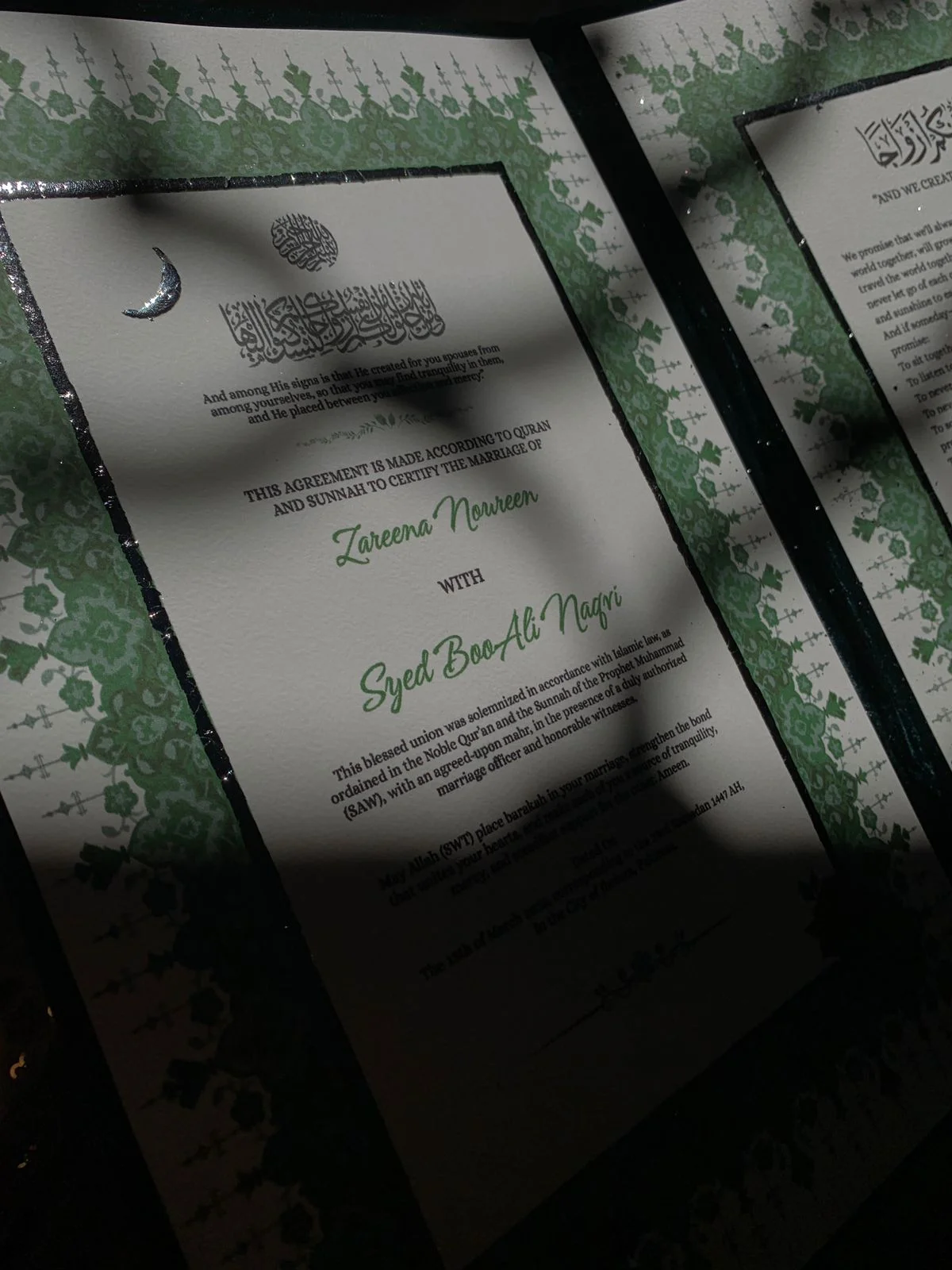Personalized Emerald Green Velvet Nikkah Nama Folder – Luxury Crystal Floral Pakistani Muslim Wedding Certificate Holder with Silver Names & Monogram - Image 3