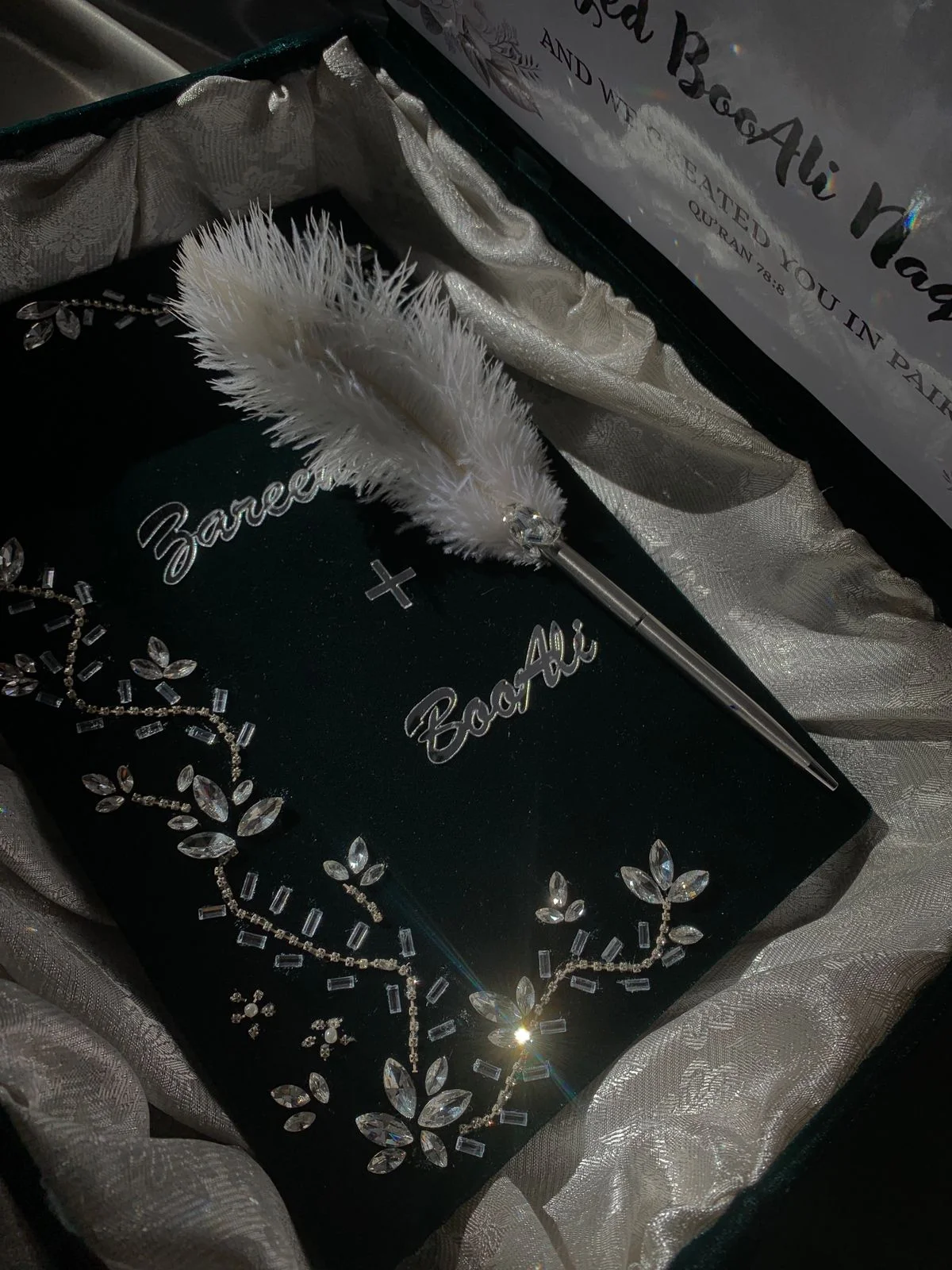 Personalized Emerald Green Velvet Nikkah Nama Folder – Luxury Crystal Floral Pakistani Muslim Wedding Certificate Holder with Silver Names & Monogram - Image 4