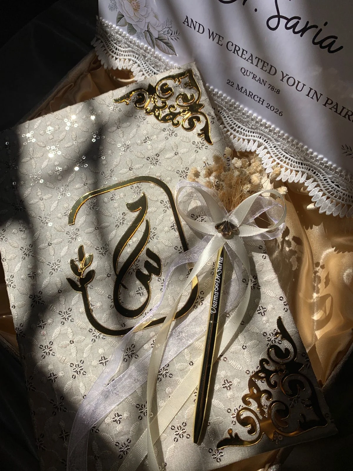 Personalized Ivory Embroidered Nikkah Nama Folder with Gold Calligraphy – Luxury Pakistani Muslim Wedding Certificate Holder & Keepsake Gift Set - Image 3