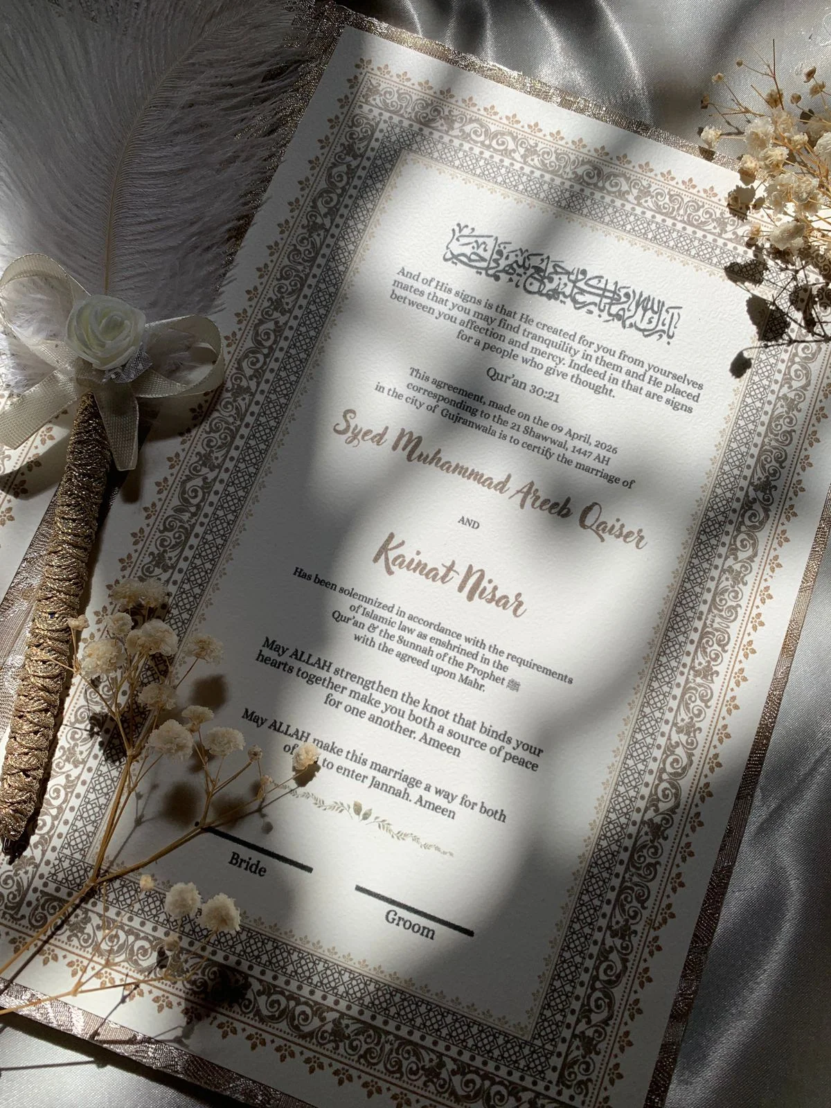 Personalized Ivory Floral Nikkah Nama Folder – Luxury Pakistani Muslim Wedding Certificate Holder with Gold Monogram & Decorative Signing Pen - Image 4