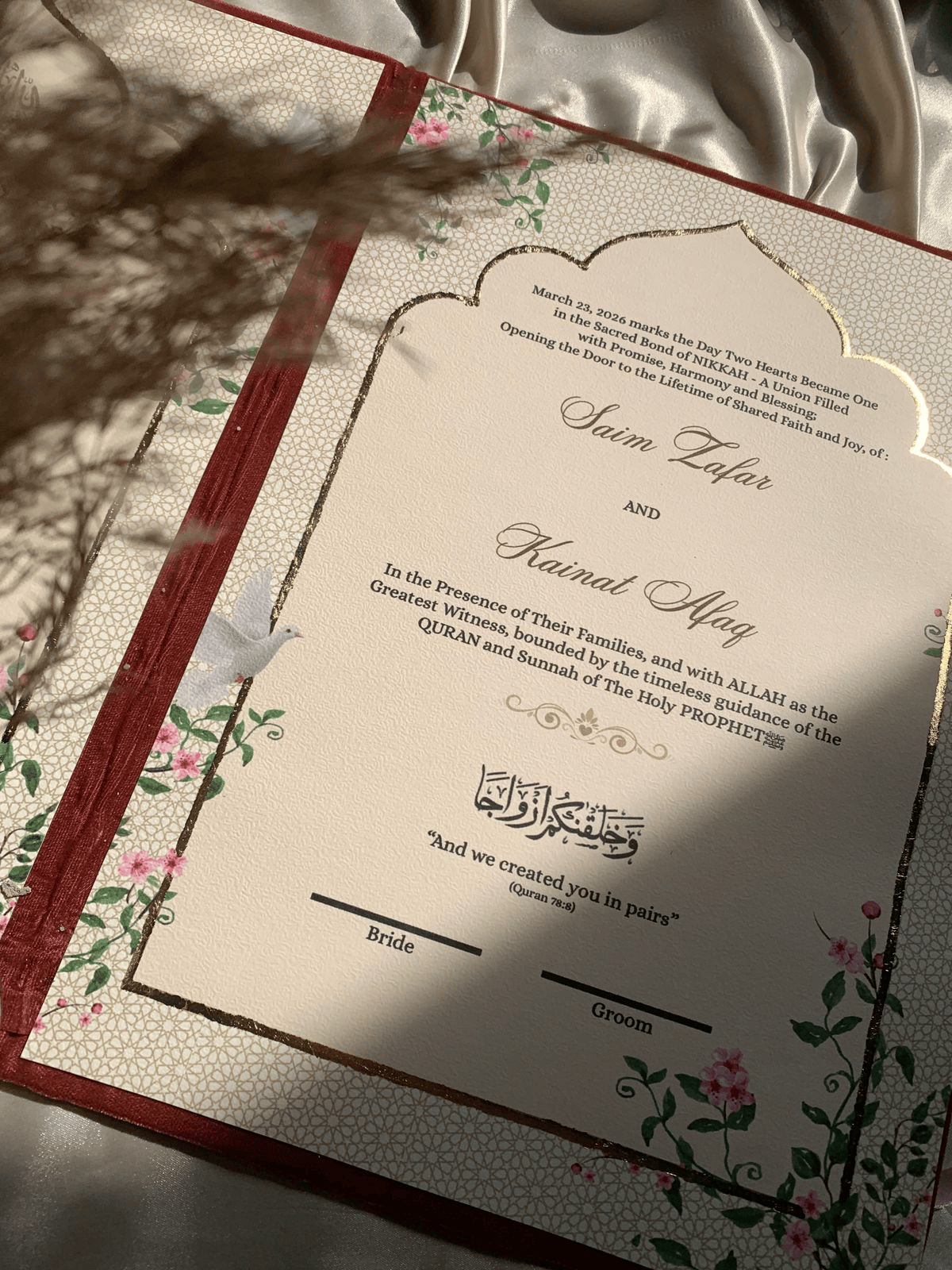 Personalized Maroon Velvet Nikkah Nama Folder – Luxury Custom Islamic Marriage Certificate Holder with Gold Urdu Calligraphy, Ornamental Corners & Wedding Date Plaque - Image 3