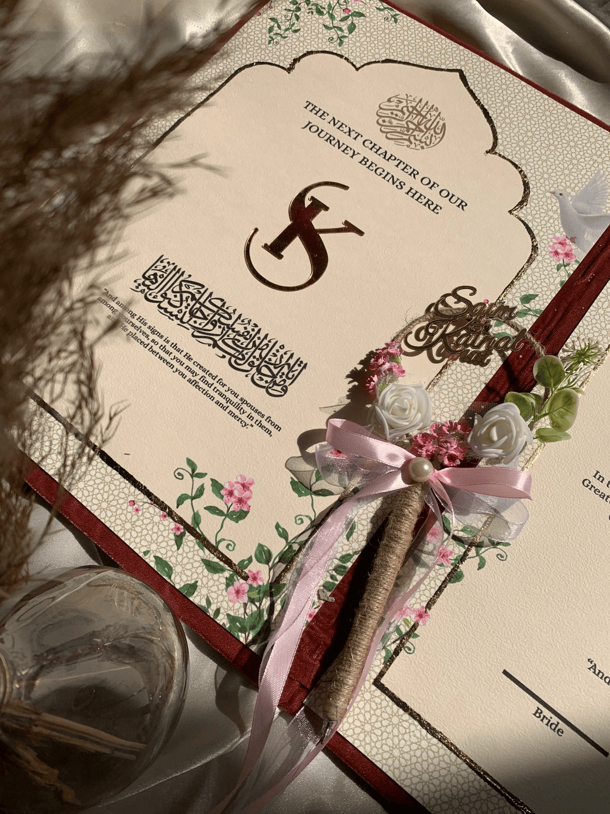 Personalized Maroon Velvet Nikkah Nama Folder – Luxury Custom Islamic Marriage Certificate Holder with Gold Urdu Calligraphy, Ornamental Corners & Wedding Date Plaque - Image 4