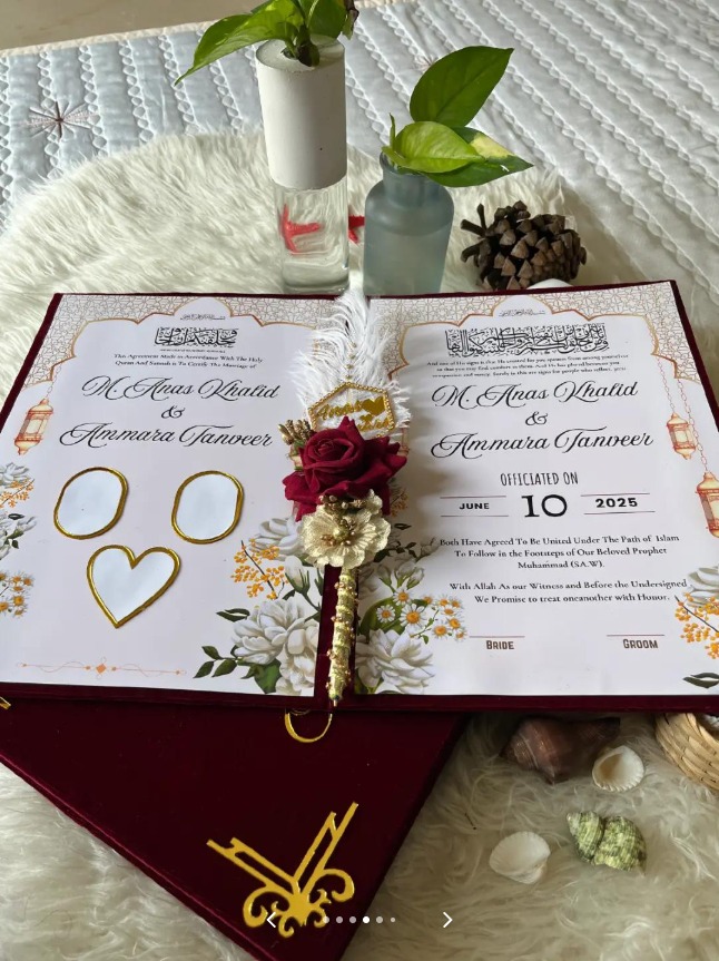 Personalized Nikkah Nama book with floral design and custom marriage details for Pakistani and Muslim wedding ceremonies in the USA.