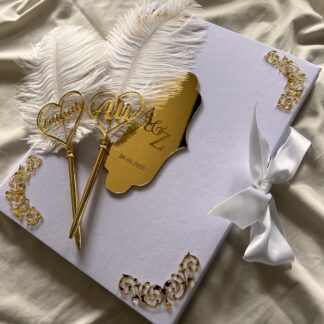Luxury personalized Nikkah Nama with white and gold Islamic ornamental design for Pakistani and Muslim wedding ceremonies in the USA.