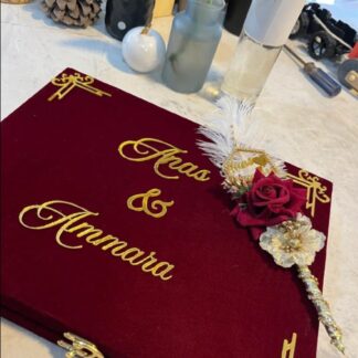 Personalized Nikkah Nama book with floral design and custom marriage details for Pakistani and Muslim wedding ceremonies in the USA.
