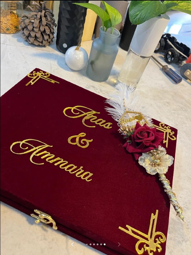 Personalized Nikkah Nama book with floral design and custom marriage details for Pakistani and Muslim wedding ceremonies in the USA.