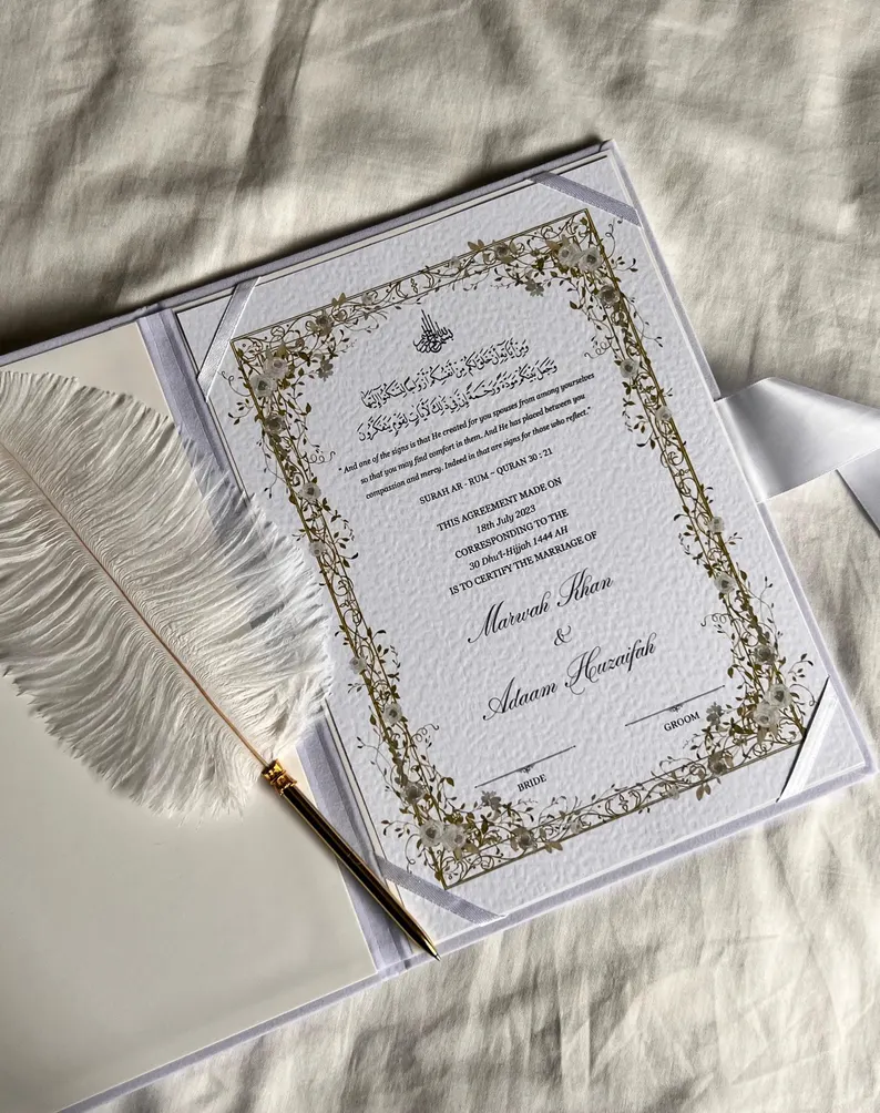 Personalized Nikkah Nama folders displayed in navy blue, maroon, black, green, and white for Pakistani Muslim wedding ceremonies.