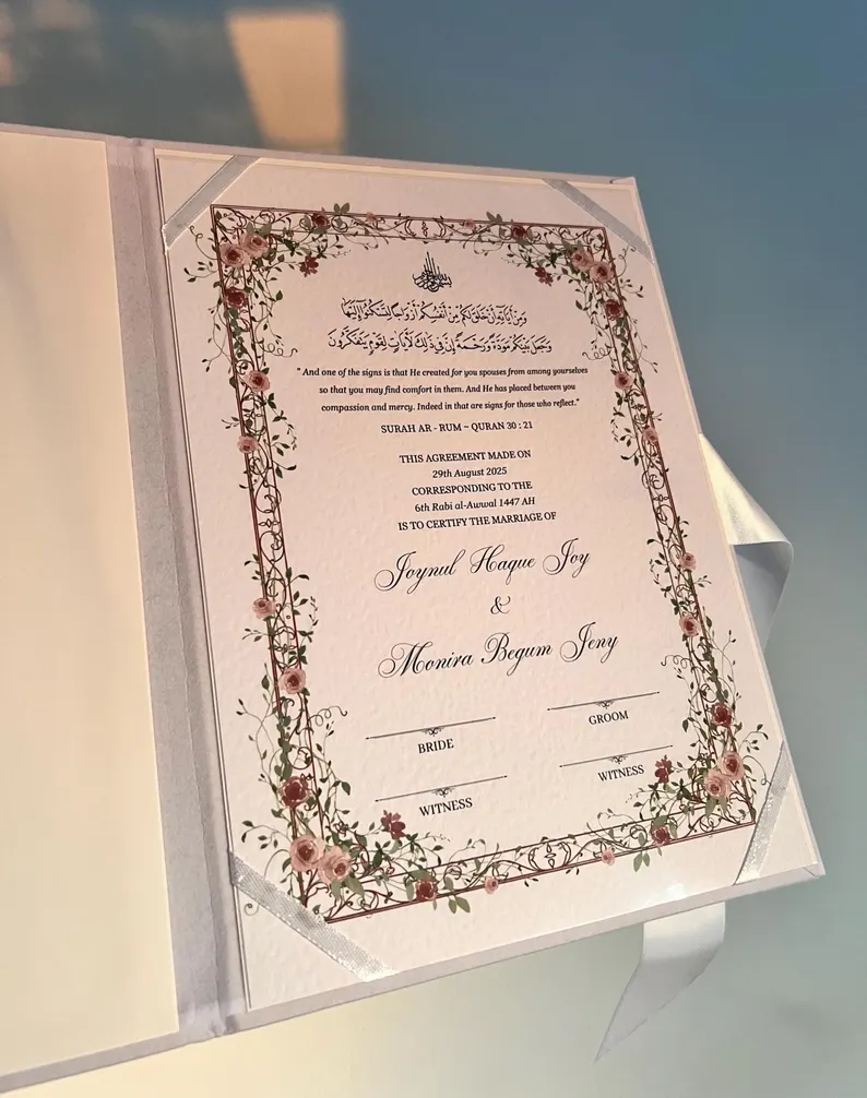 Personalized Nikkah Nama Folder with Floral Marriage Certificate Design – Elegant Pakistani Muslim Wedding Keepsake in 5 Colors - Image 3