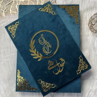 Personalized Nikkah Nama marriage certificate with intricate gold Islamic borders, Arabic calligraphy, and traditional bride-and-groom illustration inside a luxury teal blue folder.