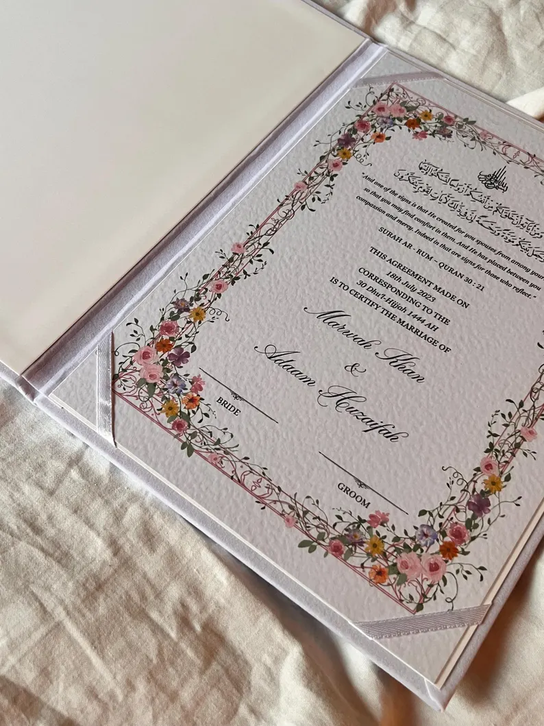 Personalized Nikkah Nama Folder with Floral Marriage Certificate Design – Elegant Pakistani Muslim Wedding Keepsake in 5 Colors - Image 7