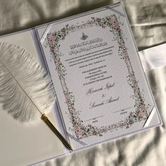 Personalized Nikkah Nama folders displayed in navy blue, maroon, black, green, and white for Pakistani Muslim wedding ceremonies.