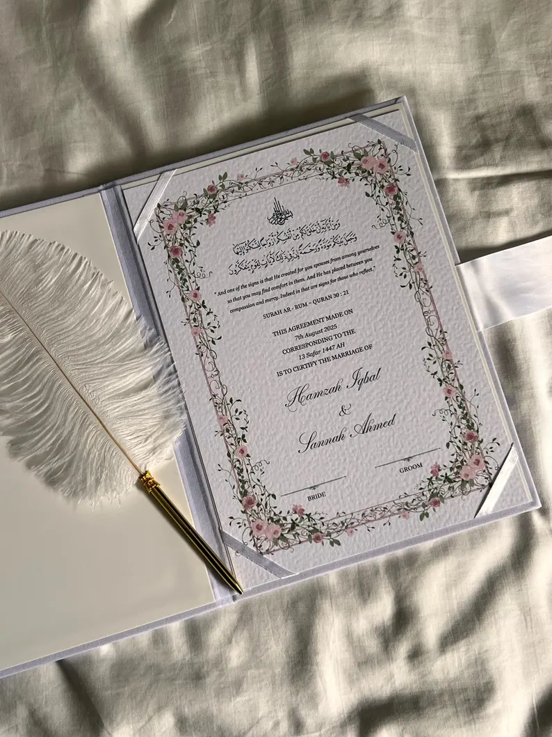 Personalized Nikkah Nama folders displayed in navy blue, maroon, black, green, and white for Pakistani Muslim wedding ceremonies.