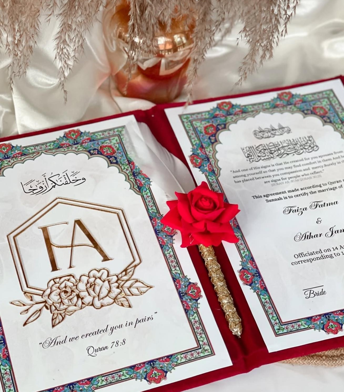 Personalized Red Velvet Nikkah Nama Folder – Luxury Custom Islamic Marriage Certificate Holder with Silver Floral Monogram, Wedding Date & Elegant Pakistani Muslim Wedding Design - Image 3