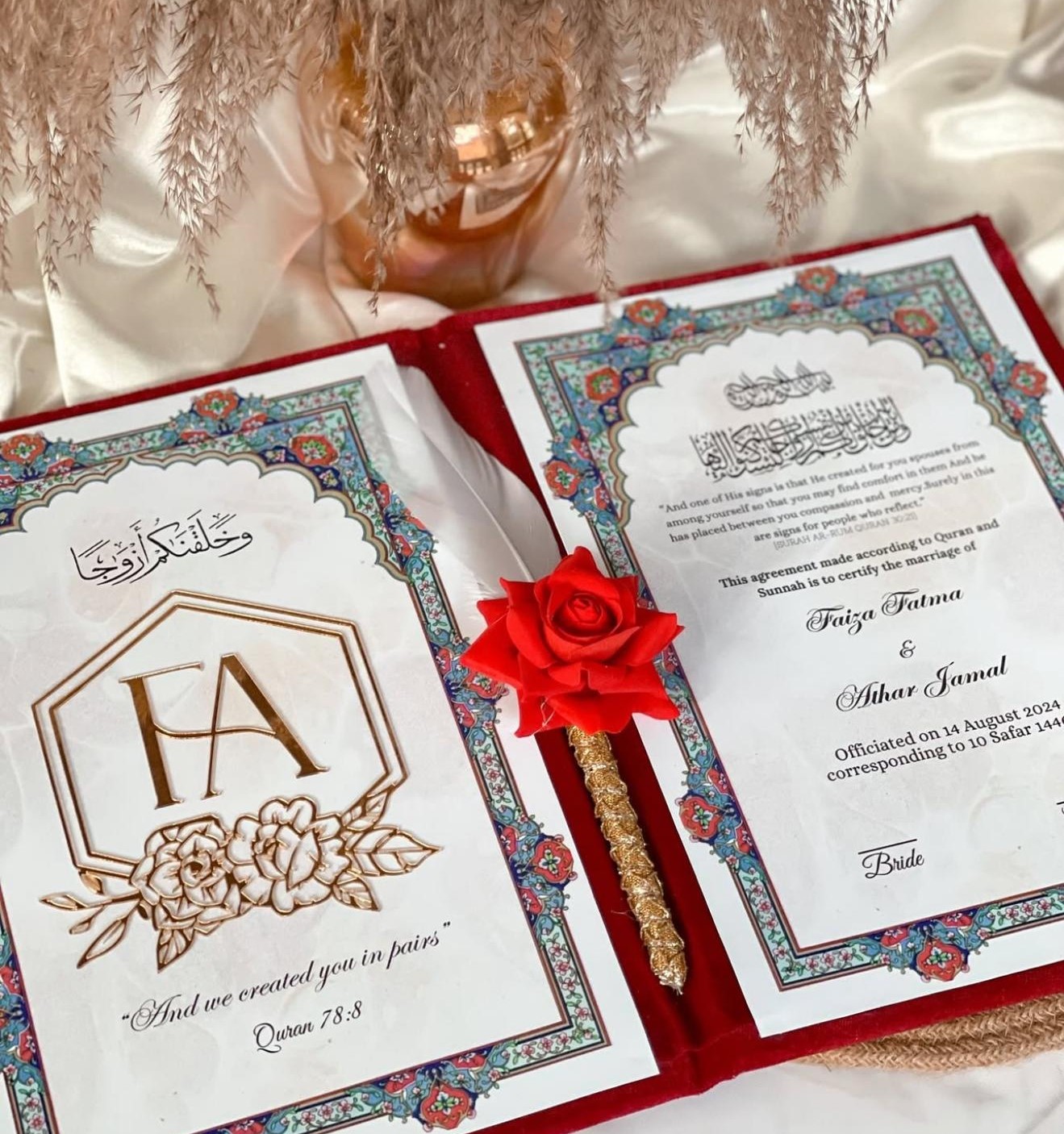 Personalized Red Velvet Nikkah Nama Folder – Luxury Custom Islamic Marriage Certificate Holder with Silver Floral Monogram, Wedding Date & Elegant Pakistani Muslim Wedding Design - Image 4