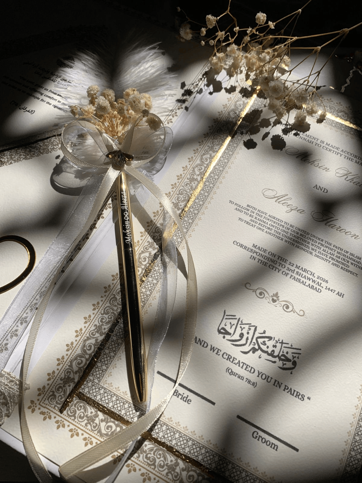 Personalized White & Gold Marble Nikkah Nama Folder – Luxury Custom Islamic Marriage Certificate Holder with Gold Monogram, Ornamental Corners & Elegant Satin Gift Box - Image 5