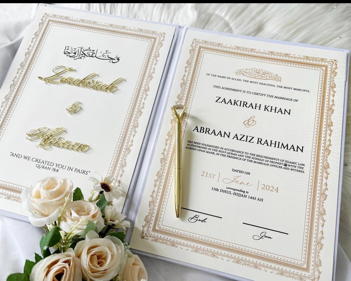 Personalized White Nikkah Nama Folder with Gold Monogram – Luxury Custom Muslim Marriage Certificate Holder with Wedding Date, Ornamental Gold Detailing & Elegant Islamic Wedding Design - Image 3