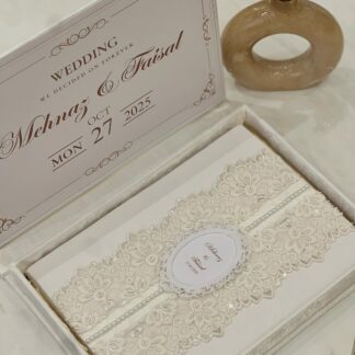 Personalized white and gold Nikkah Nama folder featuring an elegant two-page Islamic marriage certificate, Arabic calligraphy, ornate gold borders, custom couple names, wedding date, and matching luxury cover for Pakistani and Muslim weddings in the USA.